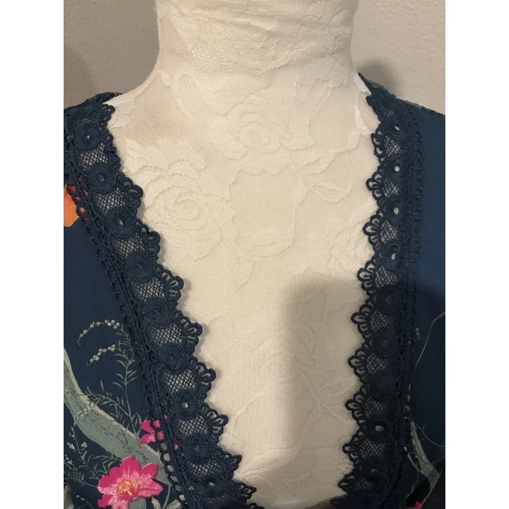 Haute Project Los Angeles Kimono Top~2XL~ Teal Crochet Trim Waist Tie Boho Chic - Picture 4 of 12